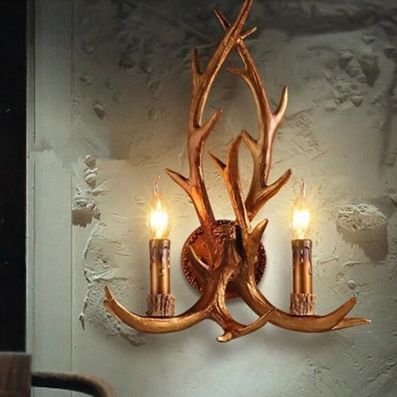 2 Heads Resin Wall Light Classic Brown Deer Horn Restaurant Wall Lighting Fixture with Candle Decor Brown Clearhalo 'Wall Lamps & Sconces' 'Wall Lights' Lighting' 2135827