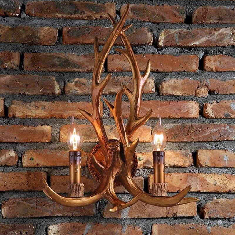 2 Heads Resin Wall Light Classic Brown Deer Horn Restaurant Wall Lighting Fixture with Candle Decor Clearhalo 'Wall Lamps & Sconces' 'Wall Lights' Lighting' 2135829