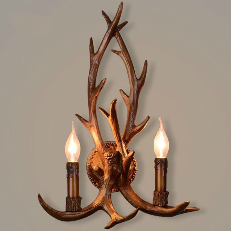 2 Heads Resin Wall Light Classic Brown Deer Horn Restaurant Wall Lighting Fixture with Candle Decor Clearhalo 'Wall Lamps & Sconces' 'Wall Lights' Lighting' 2135831