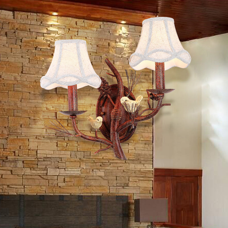 Vintage Flared Wall Light Fixture Fabric Wall Mounted Lamp with Bird Decor in Rust for Restaurant 2.0 Rust Clearhalo 'Wall Lamps & Sconces' 'Wall Lights' Lighting' 2135839