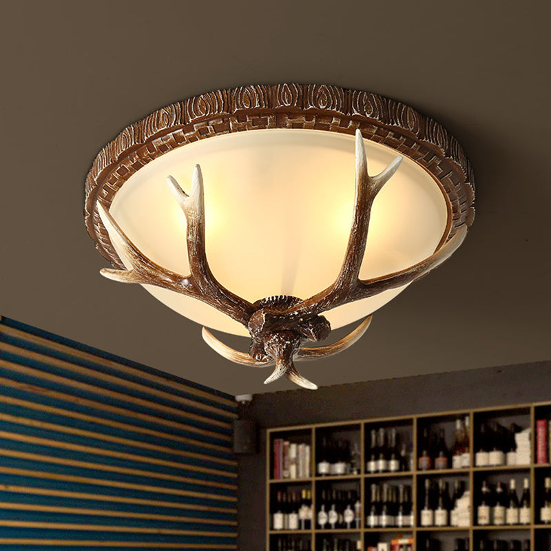 Brown Bowl Flush Mount Traditional Frost Glass 3 Heads Restaurant Flushmount Ceiling Light with Decorative Antler Clearhalo 'Ceiling Lights' 'Close To Ceiling Lights' 'Close to ceiling' 'Flush mount' Lighting' 2135862