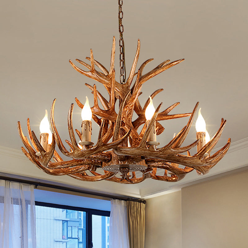 Antler Shape Resin Chandelier Light Rustic Restaurant Pendant Light Fixture in Brown 9 Brown Clearhalo 'Ceiling Lights' 'Chandeliers' 'Modern Chandeliers' 'Modern' Lighting' 2135915