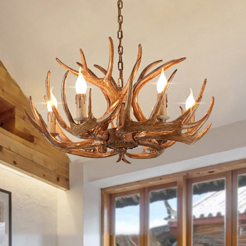 Antler Shape Resin Chandelier Light Rustic Restaurant Pendant Light Fixture in Brown 6 Brown Clearhalo 'Ceiling Lights' 'Chandeliers' 'Modern Chandeliers' 'Modern' Lighting' 2135920