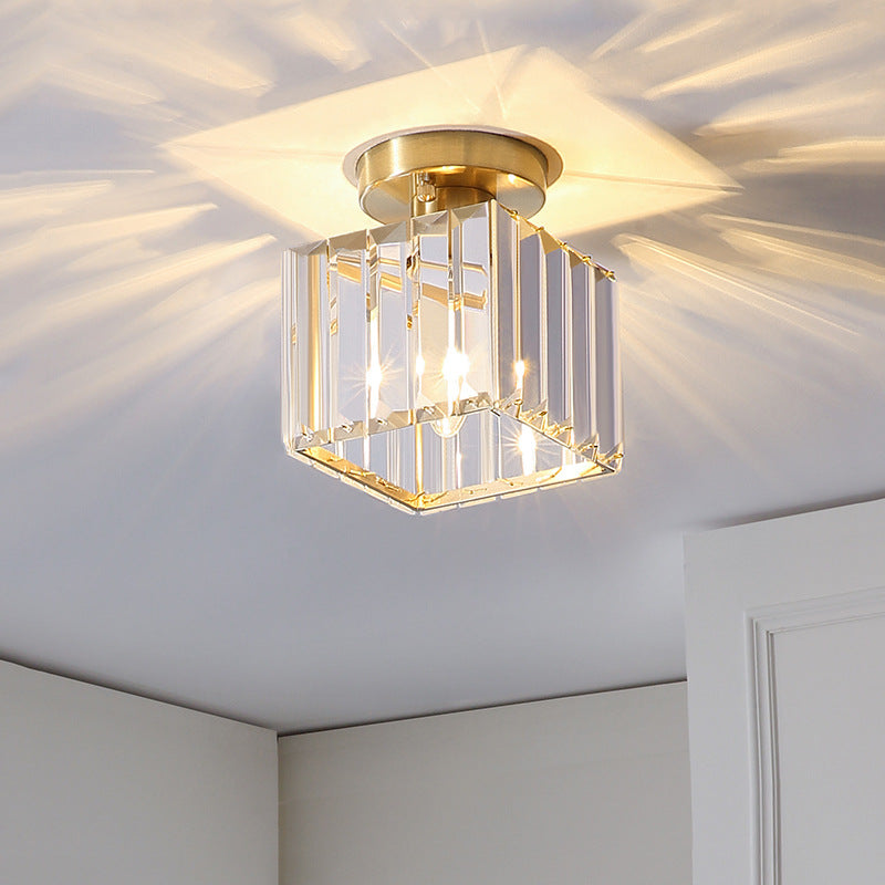 Geometrical Flush Mount Light Simplicity K9 Crystal 1������Bulb Hallway Flush Mount Ceiling Light in Gold Gold Square Plate Clearhalo 'Ceiling Lights' 'Close To Ceiling Lights' 'Close to ceiling' 'Flush mount' Lighting' 2136144