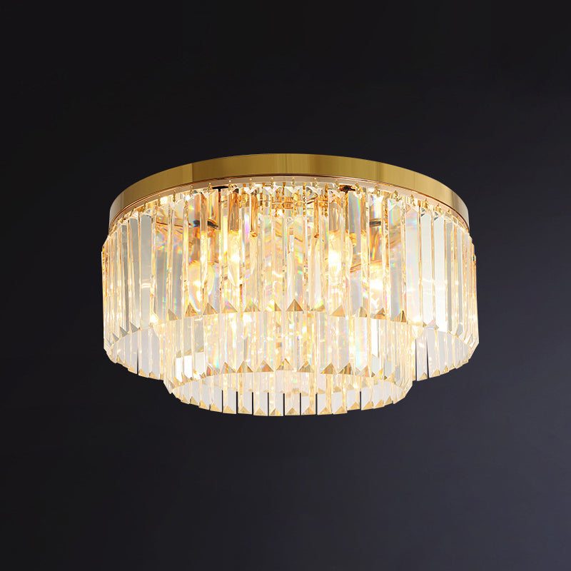 Drum Tri-Prism Crystal Flush Mount Lighting Minimalist Gold Flush Mount Fixture for Living Room Gold 19.5