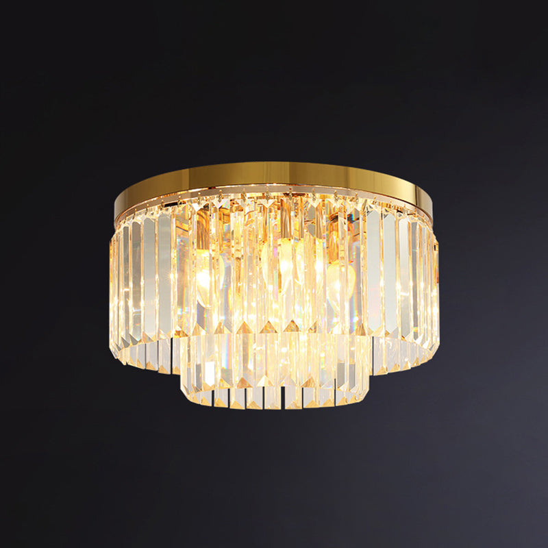 Drum Tri-Prism Crystal Flush Mount Lighting Minimalist Gold Flush Mount Fixture for Living Room Gold 15.5