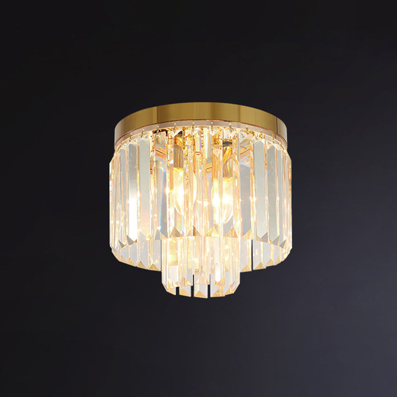 Drum Tri-Prism Crystal Flush Mount Lighting Minimalist Gold Flush Mount Fixture for Living Room Gold 12