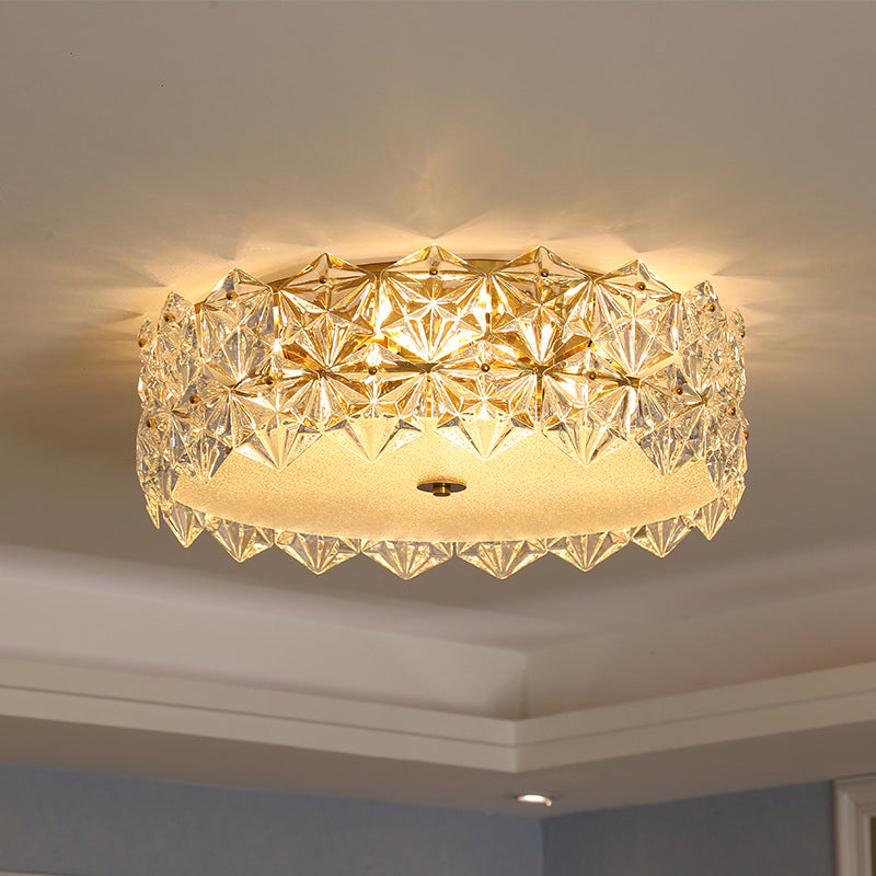 Contemporary Drum Flush Ceiling Light Snowflake Crystal Living Room Flushmount Ceiling Light in Clear Clearhalo 'Ceiling Lights' 'Close To Ceiling Lights' 'Close to ceiling' 'Flush mount' Lighting' 2136213