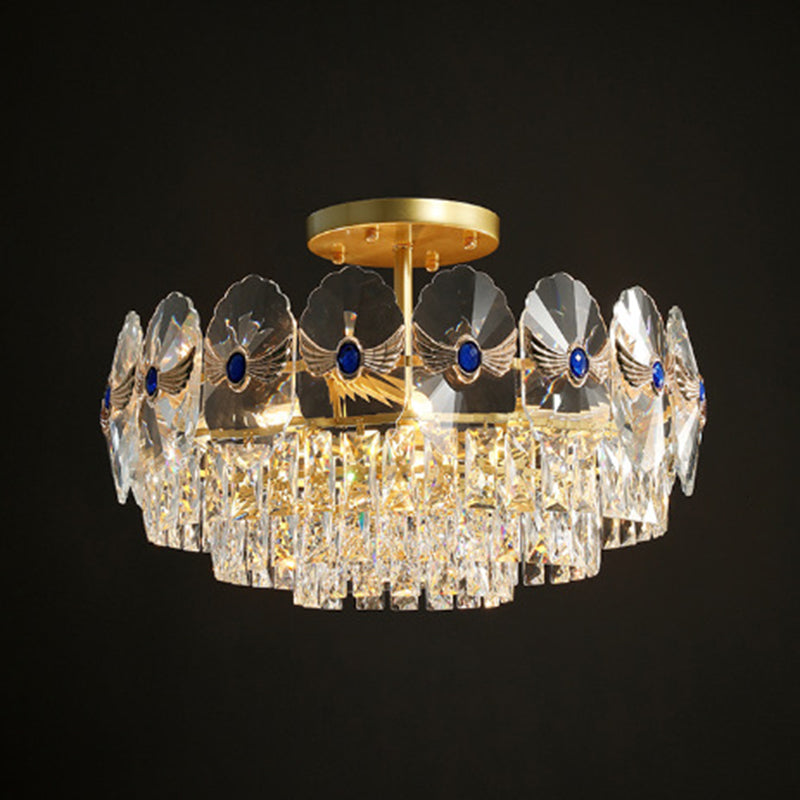 Tiered Semi Flush Light Artistic Beveled Crystal Living Room Flush Ceiling Light Fixture in Gold Gold 23.5