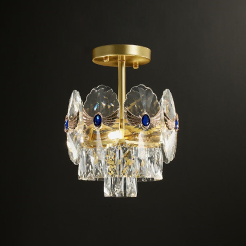 Tiered Semi Flush Light Artistic Beveled Crystal Living Room Flush Ceiling Light Fixture in Gold Gold 11