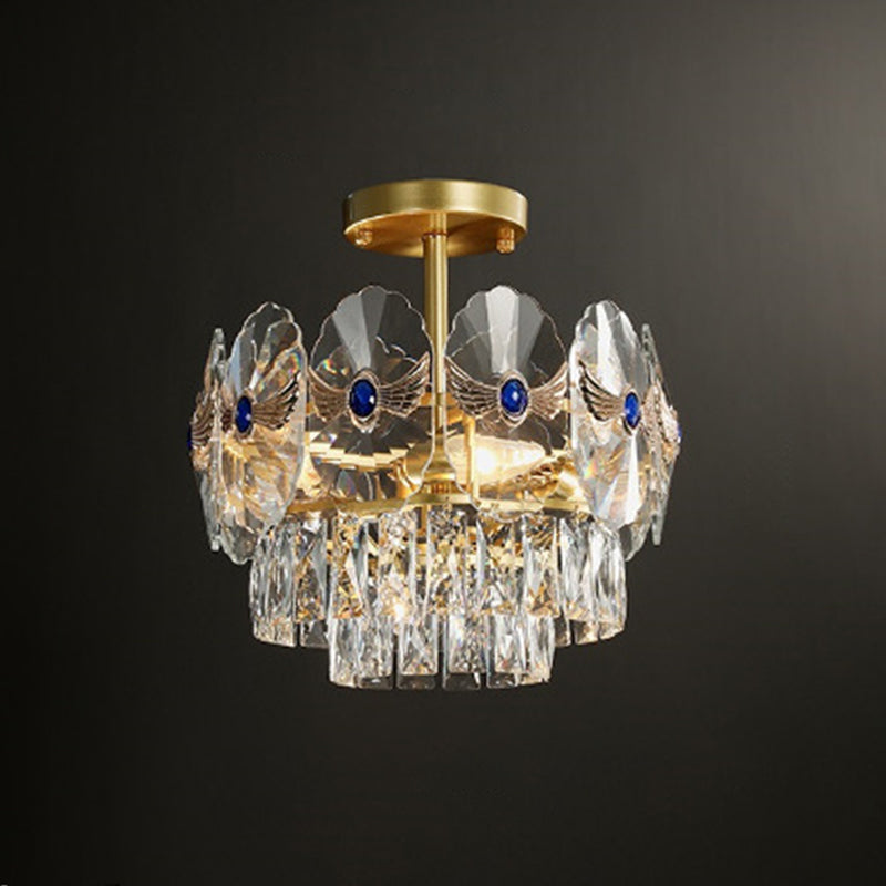 Tiered Semi Flush Light Artistic Beveled Crystal Living Room Flush Ceiling Light Fixture in Gold Gold 15