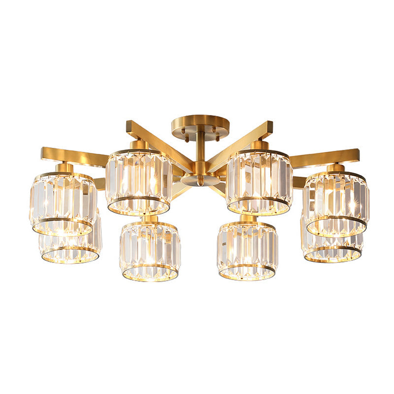 Radial Metallic Semi Flush Light Modern Gold Ceiling Flush Mount with Cylinder Tri-Prism Crystal Shade Clearhalo 'Ceiling Lights' 'Close To Ceiling Lights' 'Close to ceiling' 'Semi-flushmount' Lighting' 2136238