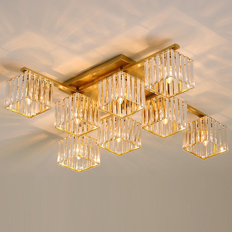 Cube Living Room Flush Mount Light Clear Crystal 8 Bulbs Simplicity Flush Mount Ceiling Light Gold Clearhalo 'Ceiling Lights' 'Close To Ceiling Lights' 'Close to ceiling' 'Flush mount' Lighting' 2136249