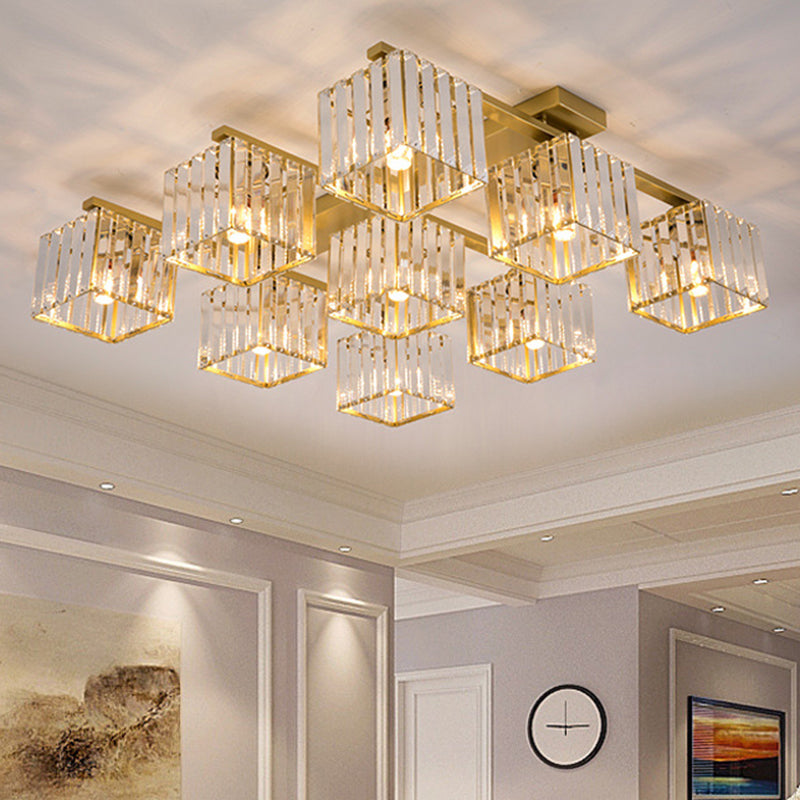 Artistic Square Flush Light Tri-Prism Crystal Living Room Flush Ceiling Light Fixture 9 Gold Clearhalo 'Ceiling Lights' 'Close To Ceiling Lights' 'Close to ceiling' 'Flush mount' Lighting' 2136256