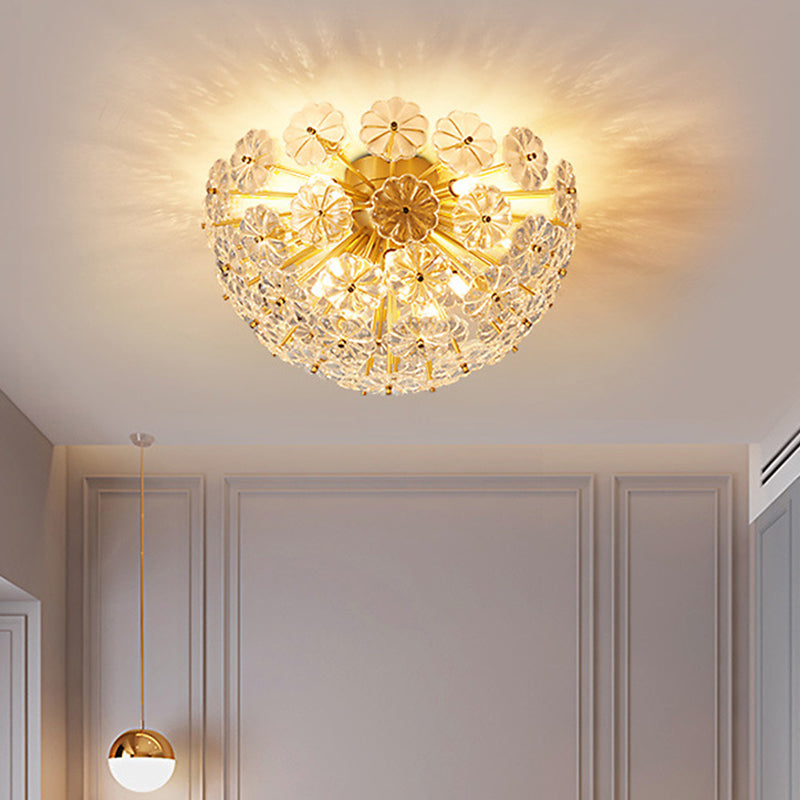 Dome Shaped Flush Mount Modern Crystal Flower Living Room Flushmount Ceiling Light in Brass Clearhalo 'Ceiling Lights' 'Close To Ceiling Lights' 'Close to ceiling' 'Flush mount' Lighting' 2136269