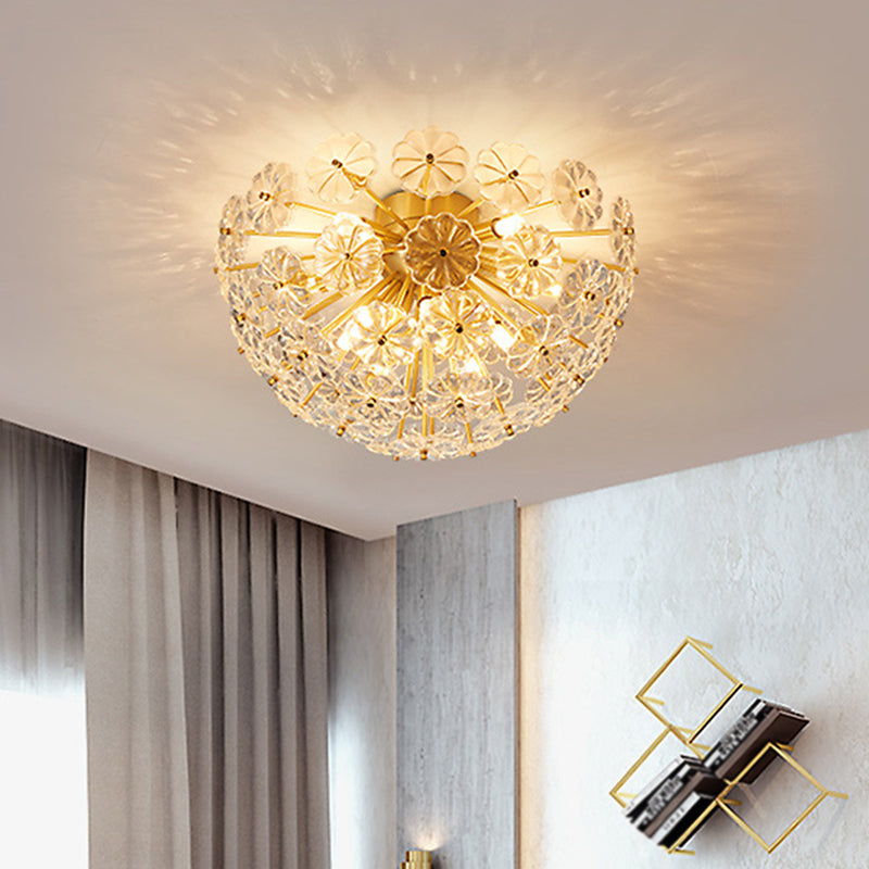 Dome Shaped Flush Mount Modern Crystal Flower Living Room Flushmount Ceiling Light in Brass Clearhalo 'Ceiling Lights' 'Close To Ceiling Lights' 'Close to ceiling' 'Flush mount' Lighting' 2136270