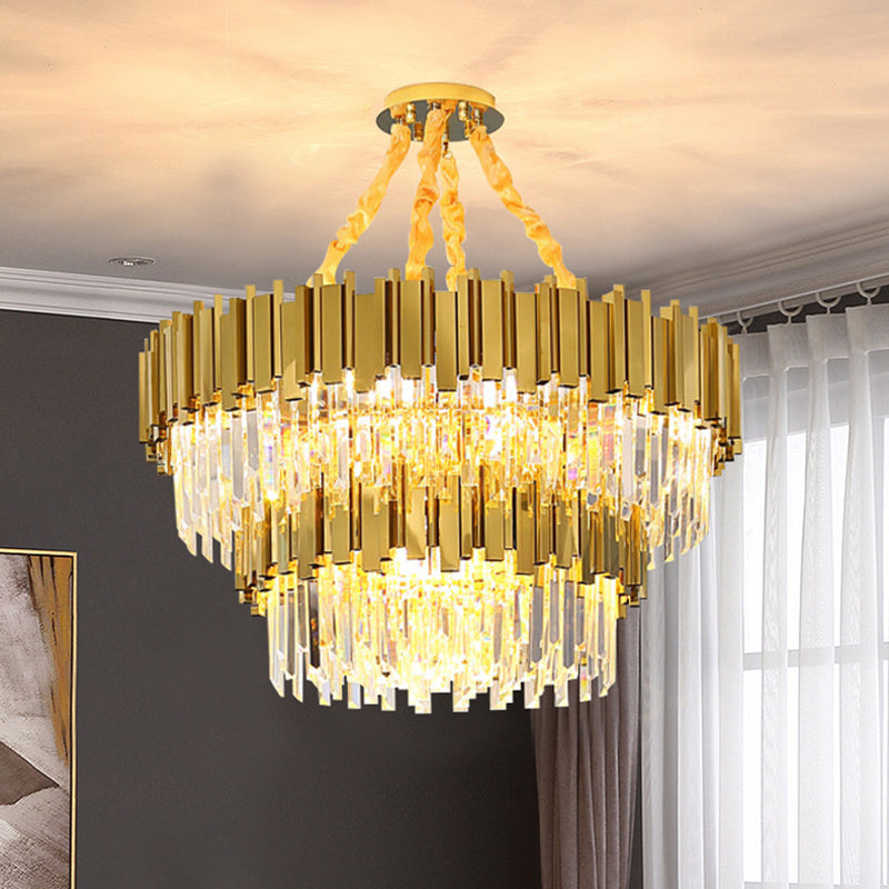 Post-Modern Drum Chandelier Pendant Light Tri-Prism Crystal Living Room Hanging Light in Gold Clearhalo 'Ceiling Lights' 'Chandeliers' 'Modern Chandeliers' 'Modern' Lighting' 2136308