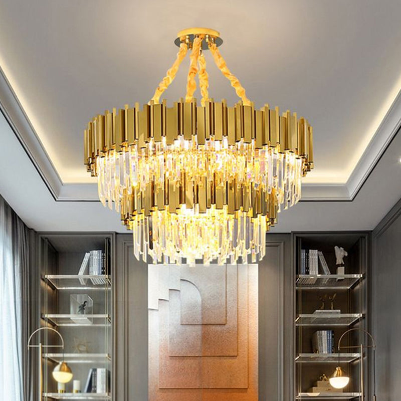 Post-Modern Drum Chandelier Pendant Light Tri-Prism Crystal Living Room Hanging Light in Gold Clearhalo 'Ceiling Lights' 'Chandeliers' 'Modern Chandeliers' 'Modern' Lighting' 2136310