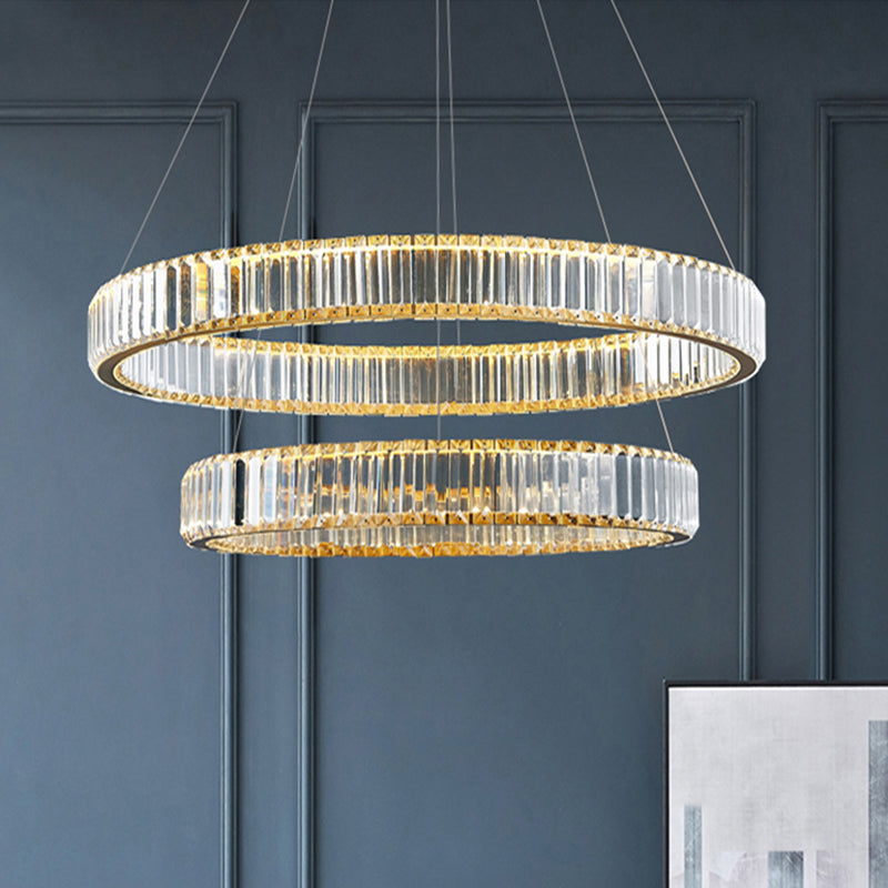 Clear Crystal Circle Chandelier Pendant Light Post-Modern LED Hanging Light for Living Room Gold 2 Tiers 31.5