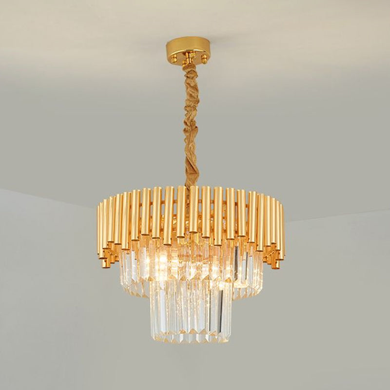 Artistic Tiered Round Suspension Light Clear Crystal Living Room Chandelier Light in Gold Gold 15.5