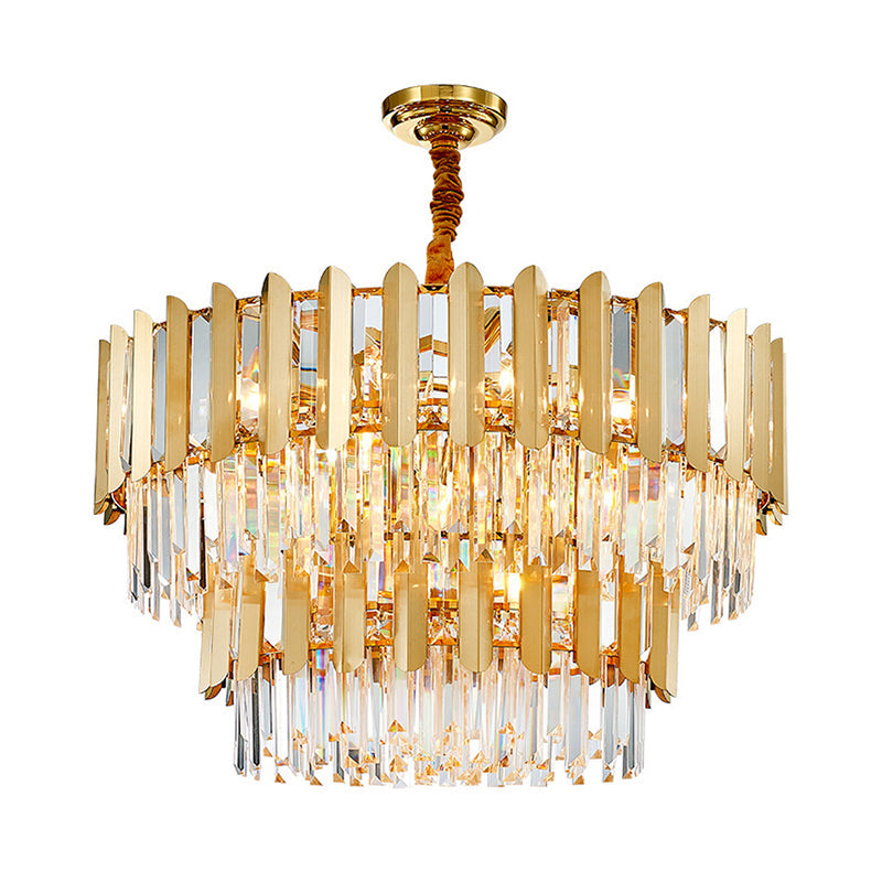 Prismatic Crystal Drum Shaped Ceiling Lighting Postmodern Gold Chandelier Light Fixture Gold 2 Tiers 31.5