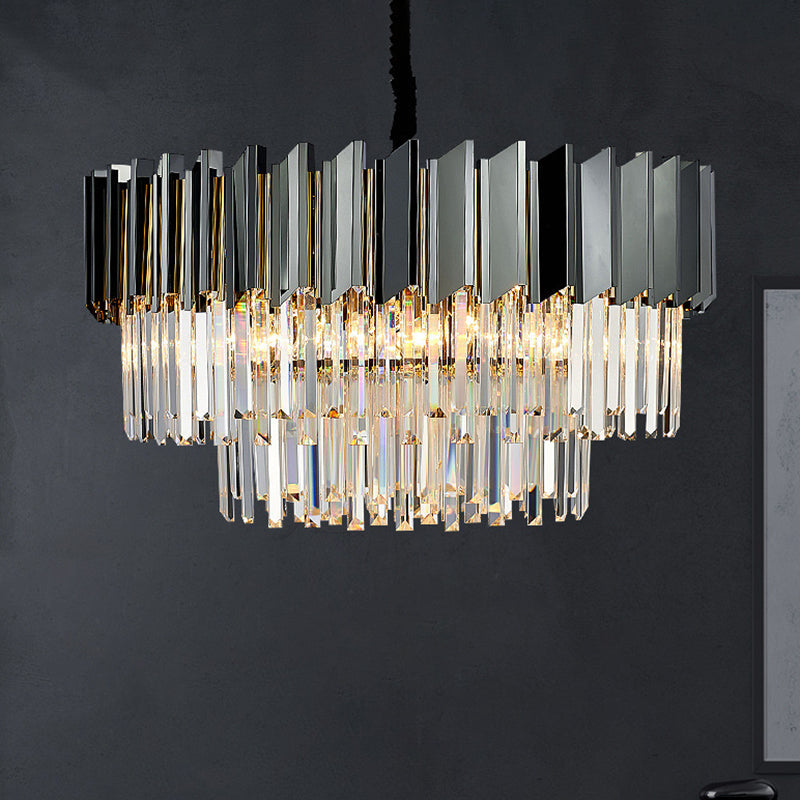 Tiered Suspension Light Artistic Strip Crystal Black Chandelier Light for Living Room 19 Black Clearhalo 'Ceiling Lights' 'Chandeliers' 'Modern Chandeliers' 'Modern' Lighting' 2136795