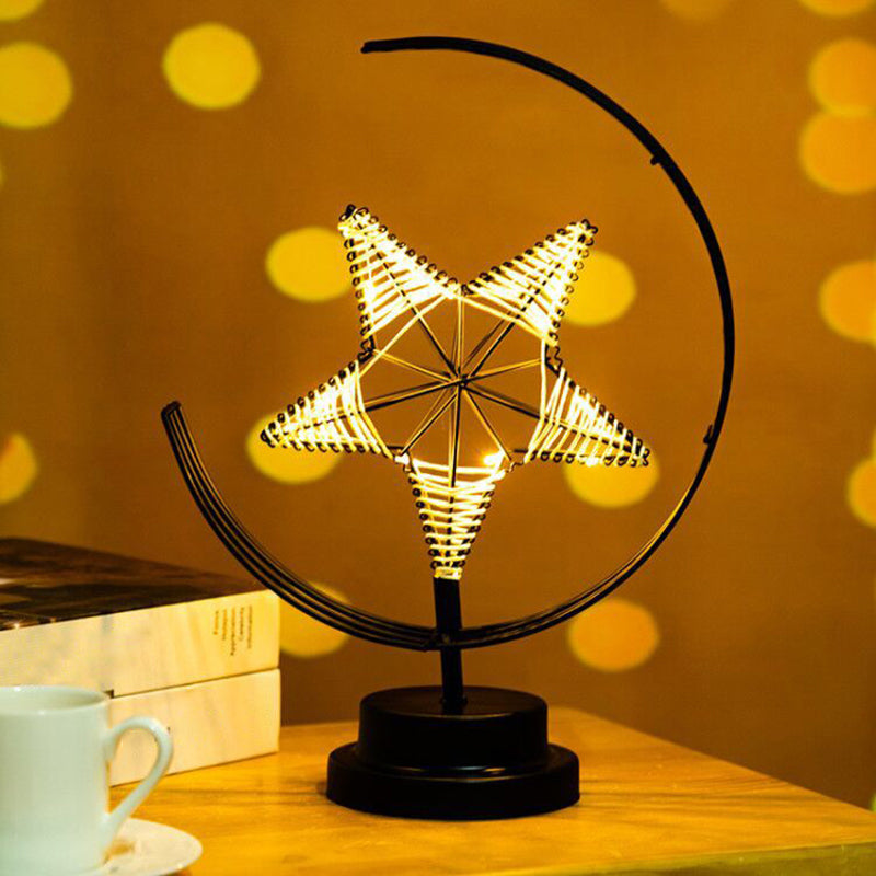 Star and Moon Metallic Battery Table Lighting Art Decor Black LED Nightstand Lamp for Bedroom Black Clearhalo 'Night Lights' 'Wall Lights' Lighting' 2137348