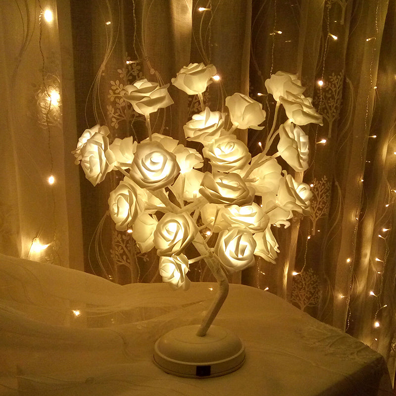 Art Decor Tree Branch USB Table Lighting Plastic Bedroom LED Nightstand Lamp with Decorative Rose White Rechargeable Clearhalo 'Night Lights' 'Wall Lights' Lighting' 2137569