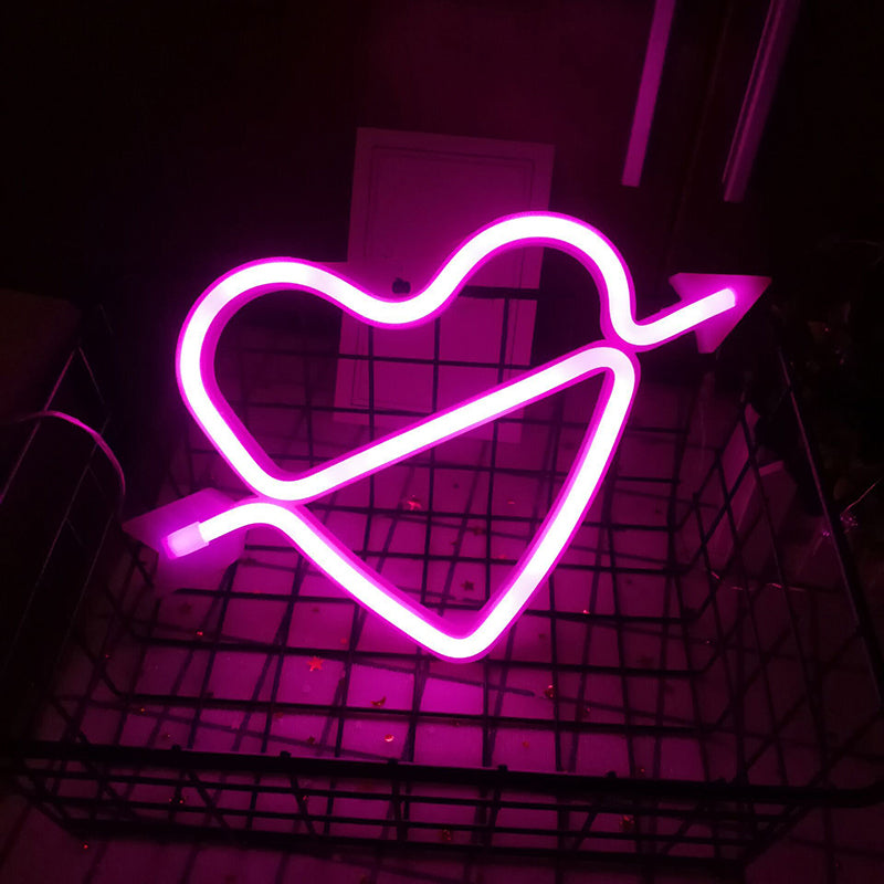 Heart and Arrow LED Neon Night Light Plastic Bedroom Battery Powered Wall Lighting in White White Battery Pink Clearhalo 'Night Lights' 'Wall Lights' Lighting' 2137737