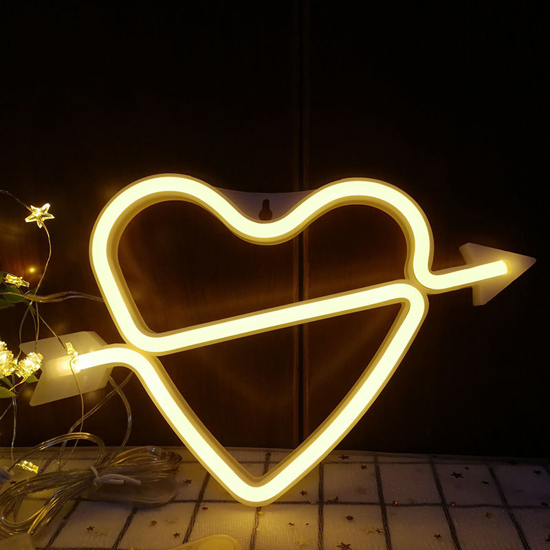 Heart and Arrow LED Neon Night Light Plastic Bedroom Battery Powered Wall Lighting in White White Battery Warm Clearhalo 'Night Lights' 'Wall Lights' Lighting' 2137740