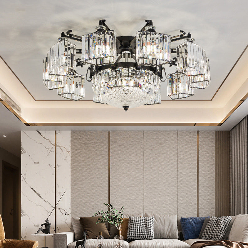 Clear Crystal Radial Flush Chandelier Traditional Living Room Semi Flush Mount Light in Black Clearhalo 'Ceiling Lights' 'Close To Ceiling Lights' 'Close to ceiling' 'Semi-flushmount' Lighting' 2137815