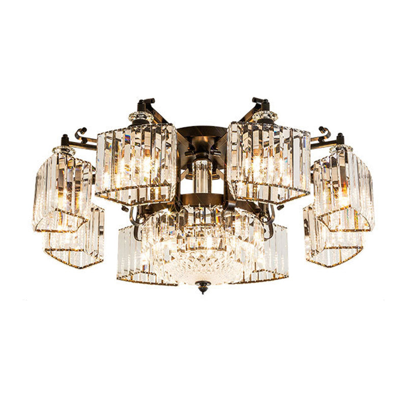 Clear Crystal Radial Flush Chandelier Traditional Living Room Semi Flush Mount Light in Black 10 Black Clearhalo 'Ceiling Lights' 'Close To Ceiling Lights' 'Close to ceiling' 'Semi-flushmount' Lighting' 2137820