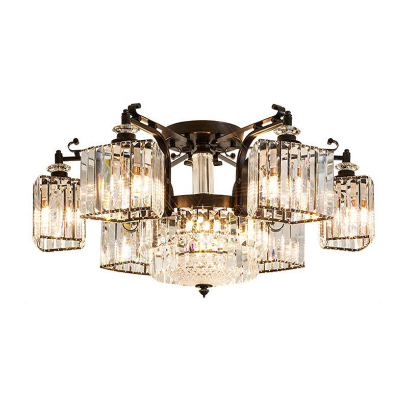 Clear Crystal Radial Flush Chandelier Traditional Living Room Semi Flush Mount Light in Black 8 Black Clearhalo 'Ceiling Lights' 'Close To Ceiling Lights' 'Close to ceiling' 'Semi-flushmount' Lighting' 2137821