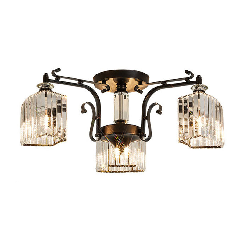 Clear Crystal Radial Flush Chandelier Traditional Living Room Semi Flush Mount Light in Black 3 Black Clearhalo 'Ceiling Lights' 'Close To Ceiling Lights' 'Close to ceiling' 'Semi-flushmount' Lighting' 2137822