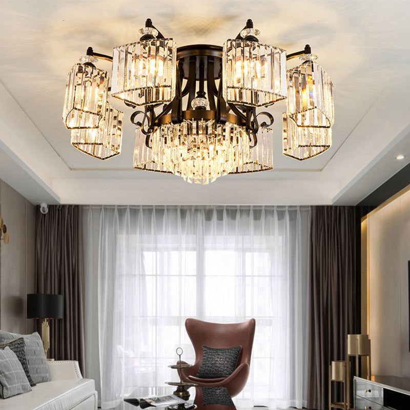 Tiered Living Room Ceiling Light Retro Clear Crystal Black Semi Flush Chandelier 10 Black Clearhalo 'Ceiling Lights' 'Close To Ceiling Lights' 'Close to ceiling' 'Semi-flushmount' Lighting' 2137841