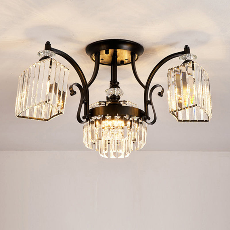 Tiered Living Room Ceiling Light Retro Clear Crystal Black Semi Flush Chandelier 3 Black Clearhalo 'Ceiling Lights' 'Close To Ceiling Lights' 'Close to ceiling' 'Semi-flushmount' Lighting' 2137845