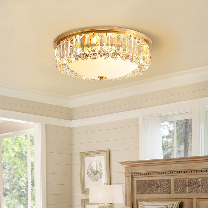 Milk Glass Dome Flush Lamp Postmodern 4-Bulb Gold Ceiling Mount Light with Crystal Accent Clearhalo 'Ceiling Lights' 'Close To Ceiling Lights' 'Close to ceiling' 'Flush mount' Lighting' 2137901