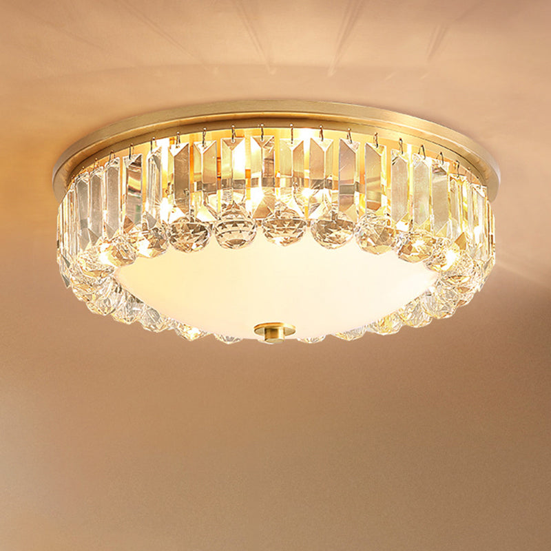 Milk Glass Dome Flush Lamp Postmodern 4-Bulb Gold Ceiling Mount Light with Crystal Accent Clearhalo 'Ceiling Lights' 'Close To Ceiling Lights' 'Close to ceiling' 'Flush mount' Lighting' 2137905