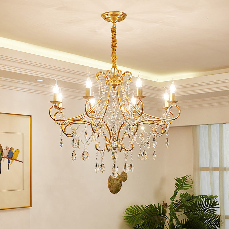 Gold Finish Ceiling Hang Light Vintage Metal Candlestick Chandelier with Crystal Strand Clearhalo 'Ceiling Lights' 'Chandeliers' Lighting' options 2137928