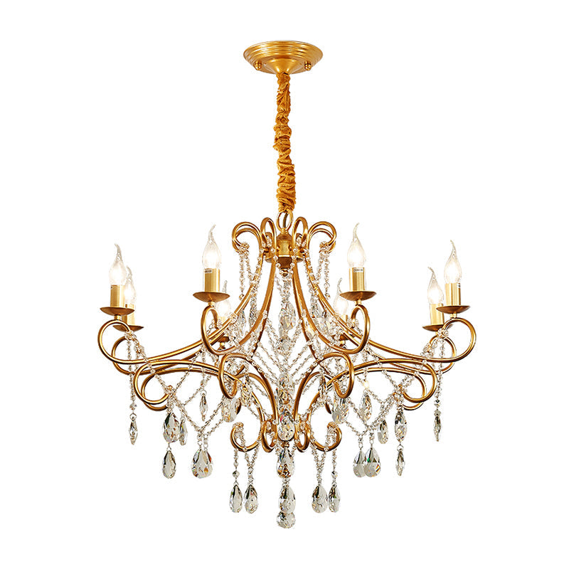 Gold Finish Ceiling Hang Light Vintage Metal Candlestick Chandelier with Crystal Strand Clearhalo 'Ceiling Lights' 'Chandeliers' Lighting' options 2137930