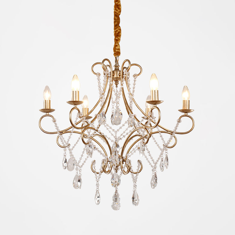 Gold Finish Ceiling Hang Light Vintage Metal Candlestick Chandelier with Crystal Strand Clearhalo 'Ceiling Lights' 'Chandeliers' Lighting' options 2137932