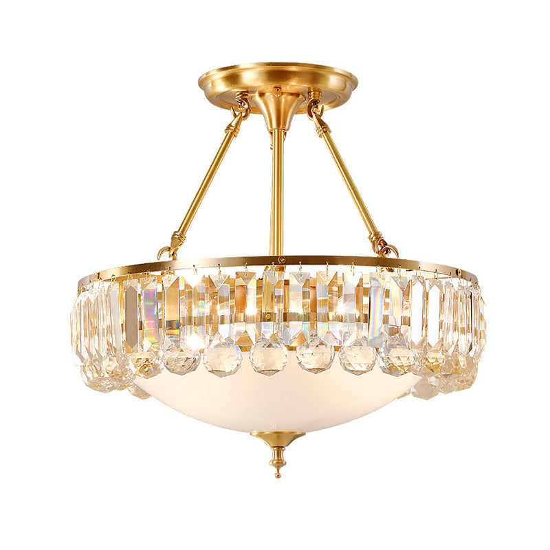 K9 Crystal Flushmount Ceiling Lamp Vintage Gold Bowl Shaped Dining Room Flush Light with Opal Glass Diffuser Clearhalo 'Ceiling Lights' 'Close To Ceiling Lights' 'Close to ceiling' 'Flush mount' Lighting' 2137942