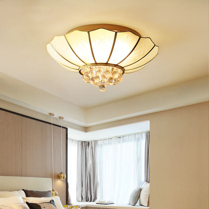 Umbrella Shaped Ceiling Flush Light Traditional Gold Frost Glass Flushmount with Beveled Crystal Orbs Gold 25.5