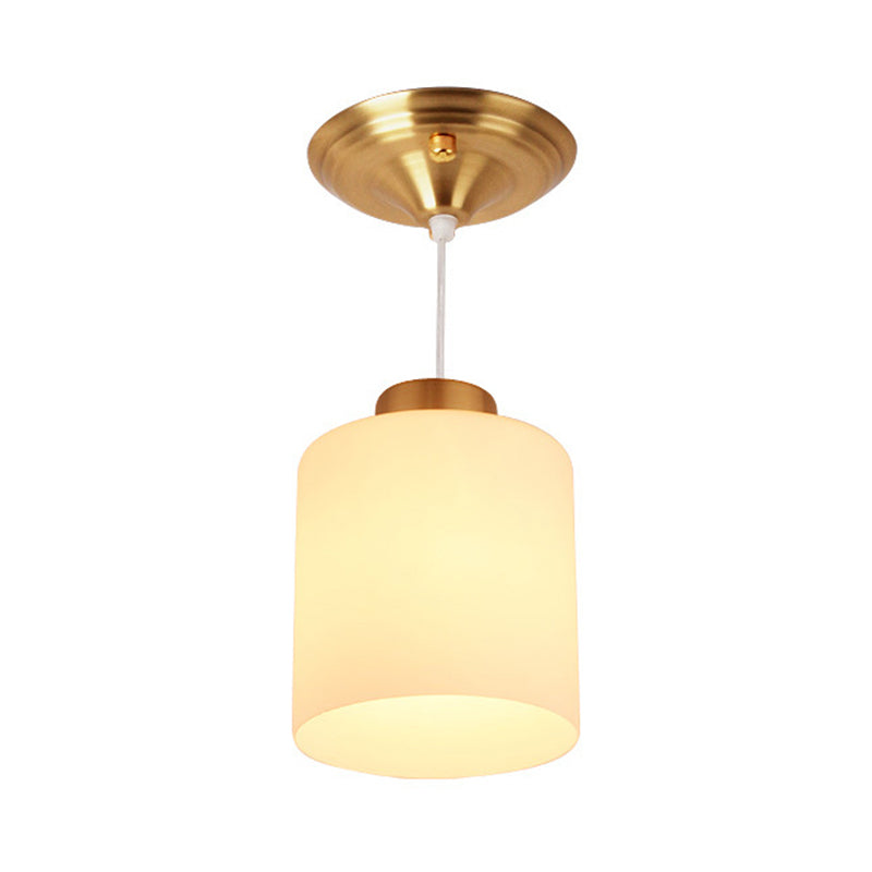 Gold Cylinder Ceiling Light Traditional White Glass 1 Light Corridor Pendant Lighting Fixture Clearhalo 'Ceiling Lights' 'Glass shade' 'Glass' 'Pendant Lights' 'Pendants' Lighting' 213804