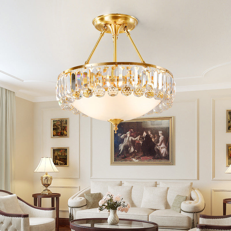 Gold 4 Lights Flush Mount Chandelier Traditional Ivory Glass Bowl Ceiling Light with Crystal Decor Gold Semi-Flush Mount Clearhalo 'Ceiling Lights' 'Close To Ceiling Lights' 'Close to ceiling' 'Flush mount' Lighting' 2138278