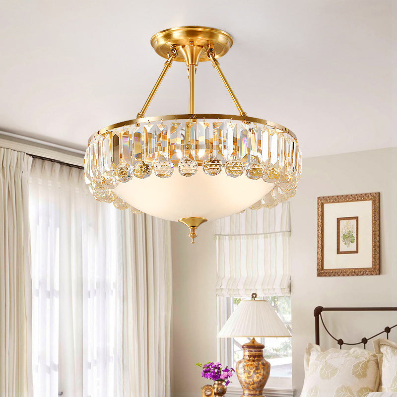 Gold 4 Lights Flush Mount Chandelier Traditional Ivory Glass Bowl Ceiling Light with Crystal Decor Clearhalo 'Ceiling Lights' 'Close To Ceiling Lights' 'Close to ceiling' 'Flush mount' Lighting' 2138279