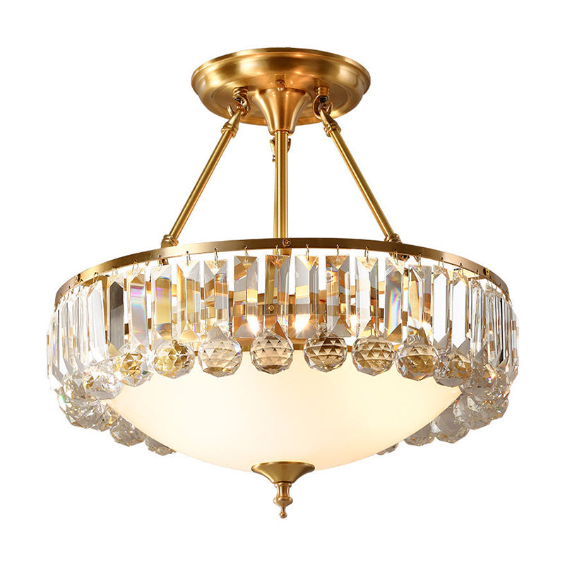 Gold 4 Lights Flush Mount Chandelier Traditional Ivory Glass Bowl Ceiling Light with Crystal Decor Clearhalo 'Ceiling Lights' 'Close To Ceiling Lights' 'Close to ceiling' 'Flush mount' Lighting' 2138282