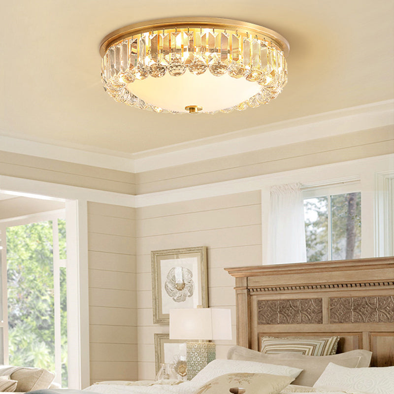 Gold 4 Lights Flush Mount Chandelier Traditional Ivory Glass Bowl Ceiling Light with Crystal Decor Gold Flushmount Clearhalo 'Ceiling Lights' 'Close To Ceiling Lights' 'Close to ceiling' 'Flush mount' Lighting' 2138283