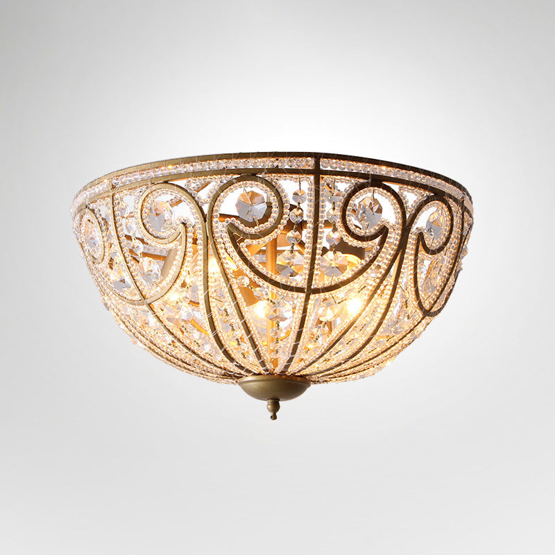 Antiqued Gold Hemisphere Flush Light Rustic Crystal Bead 5-Light Dining Room Ceiling Lamp Gold Flushmount Clearhalo 'Ceiling Lights' 'Close To Ceiling Lights' 'Close to ceiling' 'Flush mount' Lighting' 2138350