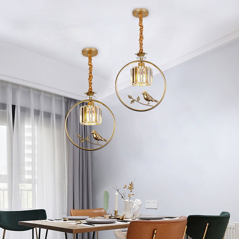 Cylinder Crystal Block Pendant Light Farmhouse 1 Bulb Dining Room Hanging Lamp with Decorative Bird and Ring Clearhalo 'Ceiling Lights' 'Pendant Lights' 'Pendants' Lighting' 2138363